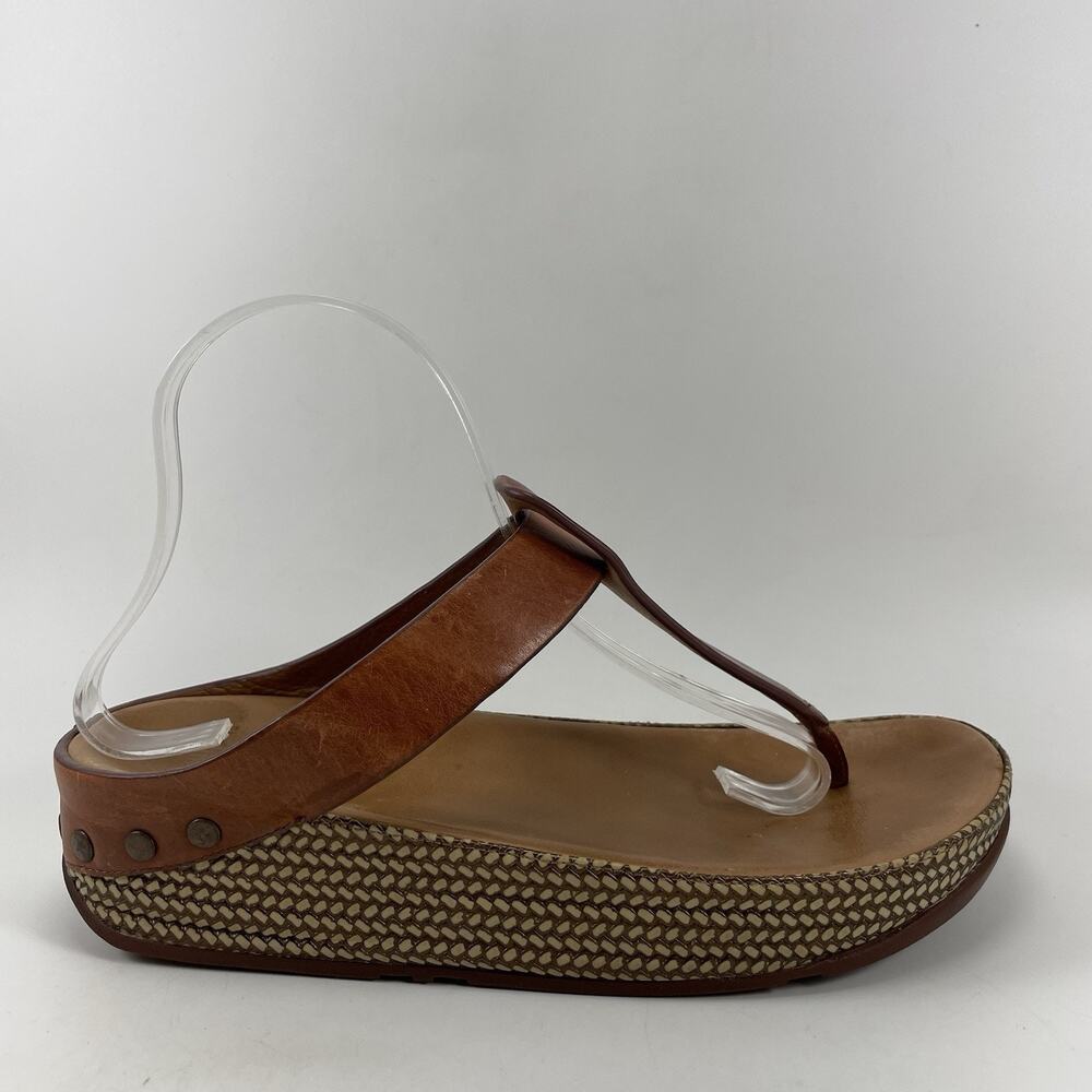 FitFlop The Skinny Womens Size 9 Brown Leather Thong Sandals Platform Wedge